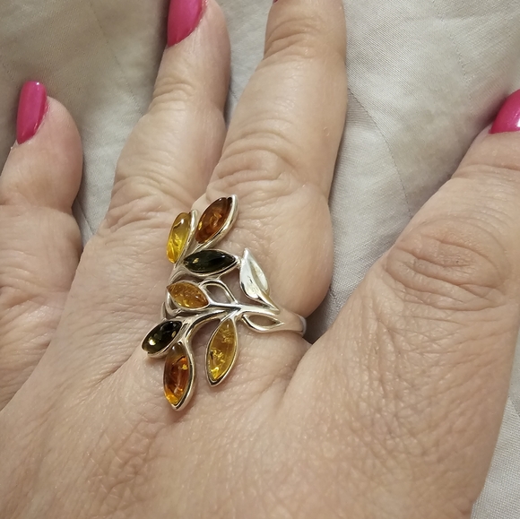 Sz. 11, Multicolor Amber Crossover Ring, 925 Silver, Excellent pre-owned condit. - Picture 4 of 13